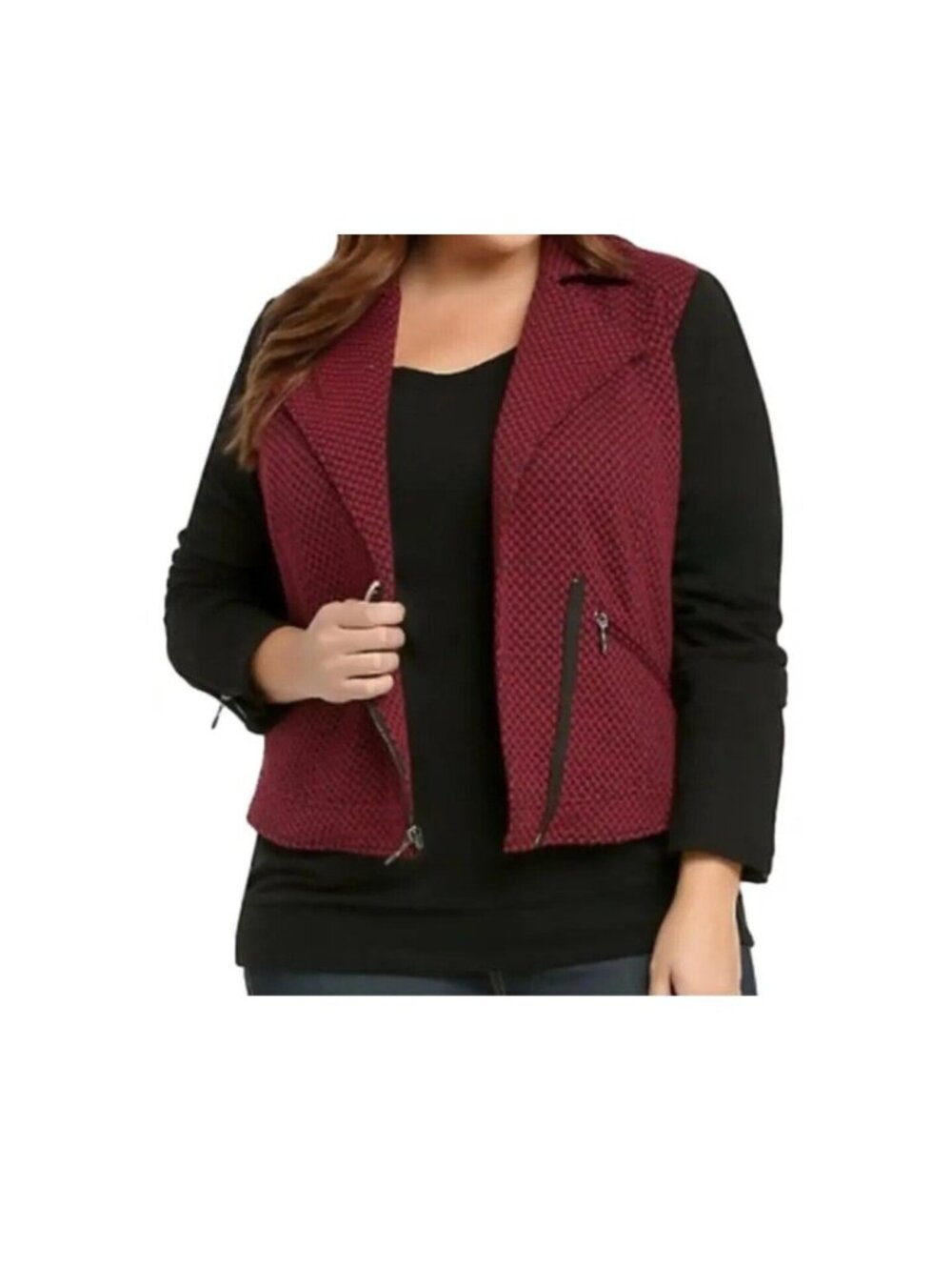 Torrid Womens Moto Jacket Size 3X Sleeve Burgundy Black Houndstooth Motorcycle
